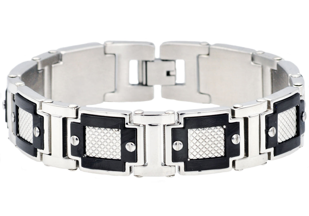 Men's Black & Silver Stainless Steel Diamond Cut Link Bracelet With Screw Accents From Blackjack Jewelry