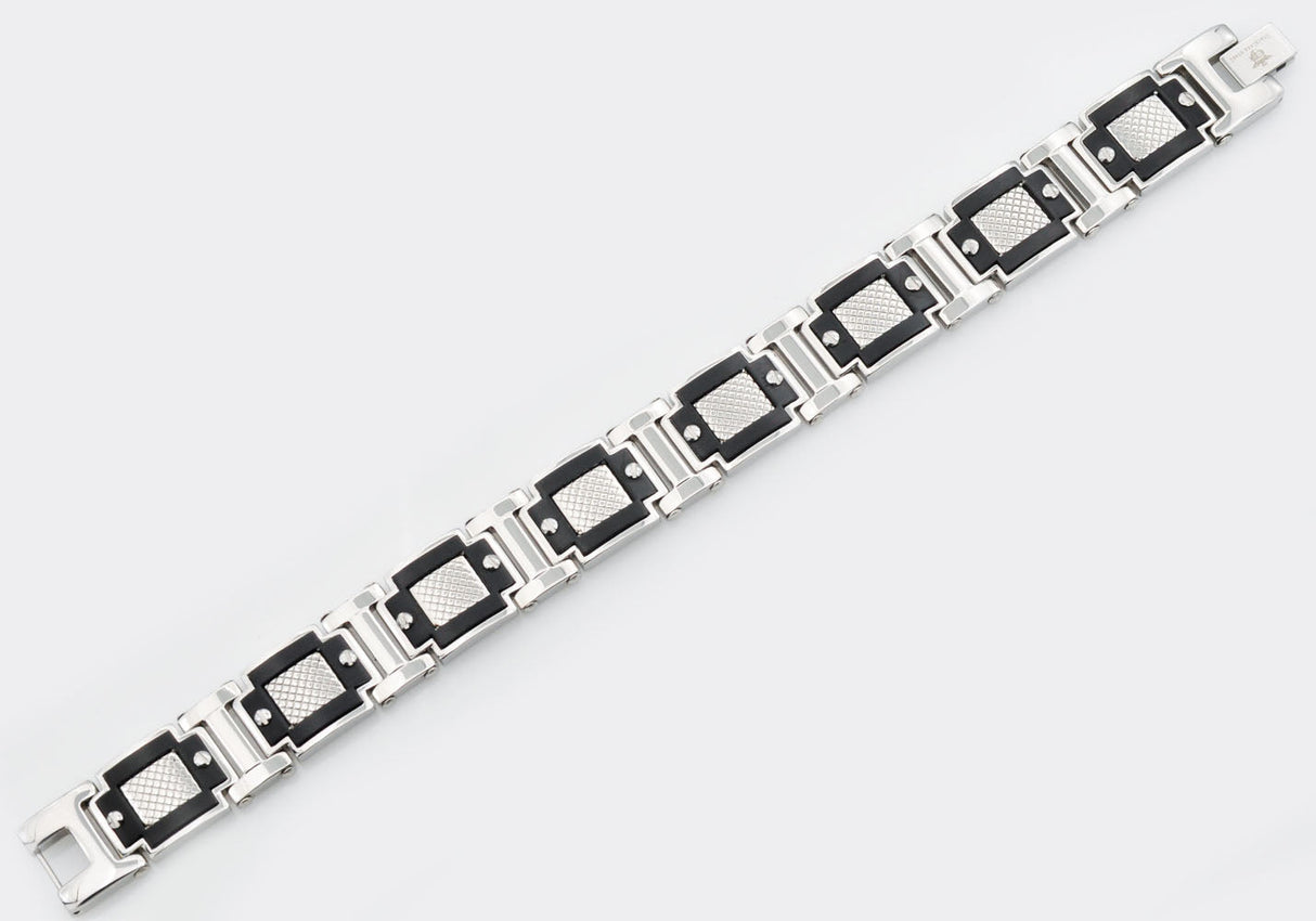 Men's Black & Silver Stainless Steel Diamond Cut Link Bracelet With Screw Accents From Blackjack Jewelry