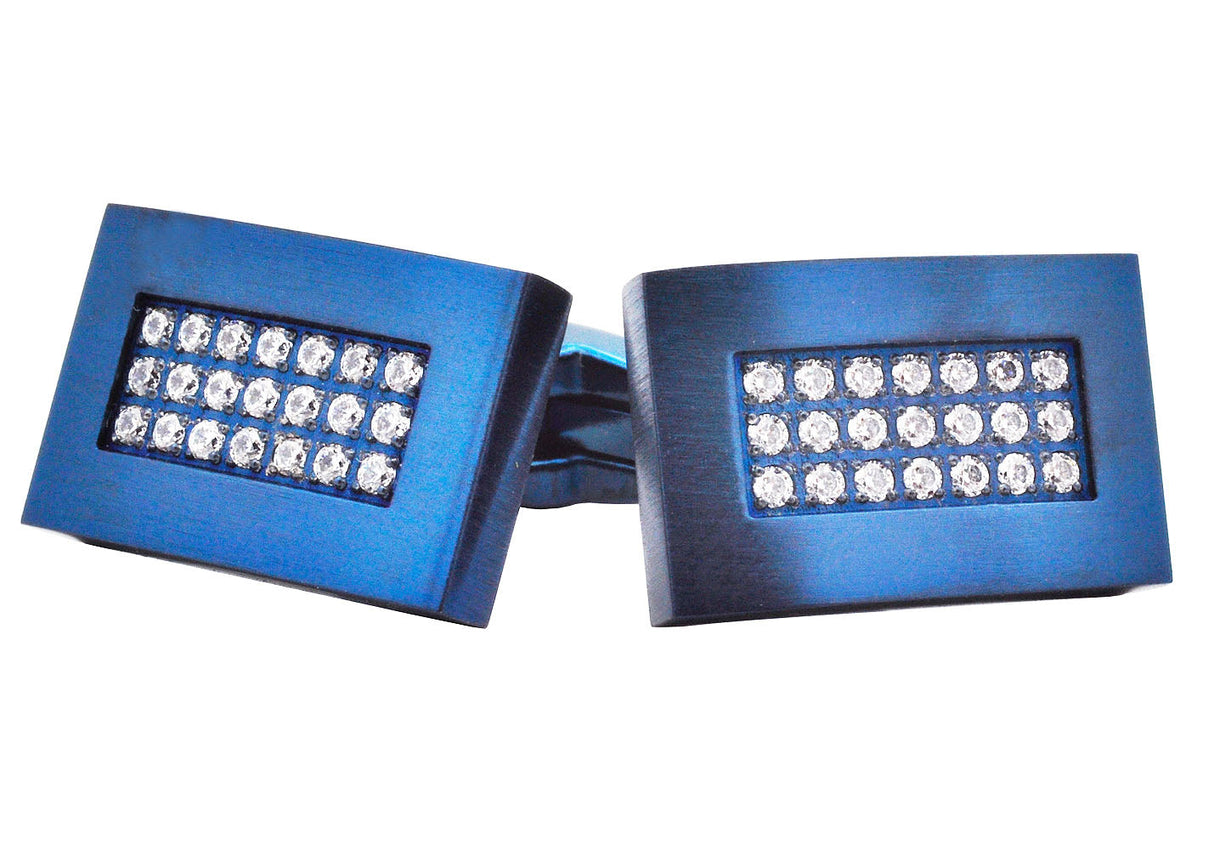 Men's Blue Plated Stainless Steel Cuff Links With Cubic Zirconia From Blackjack Jewelry