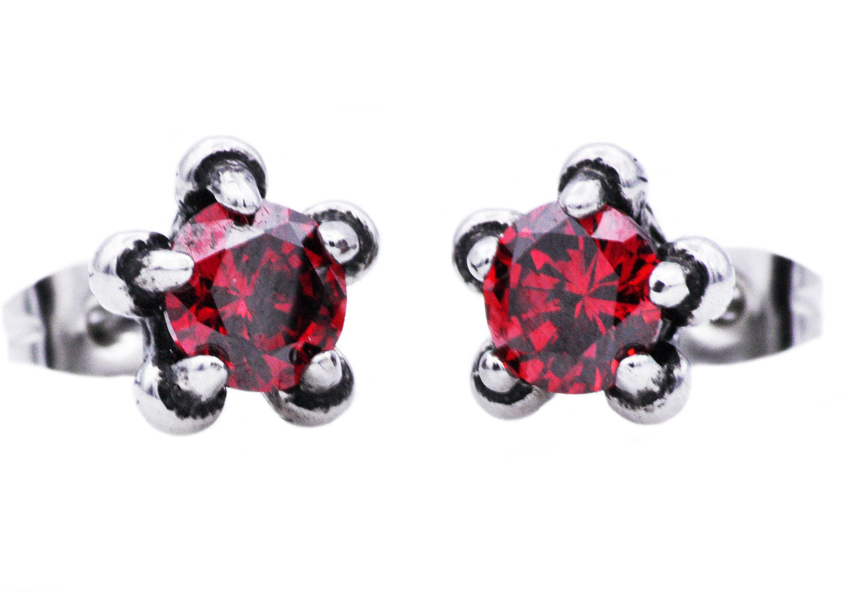 Men's 10mm Stainless Steel Claw Earrings With Red Cubic Zirconia From Blackjack Jewelry