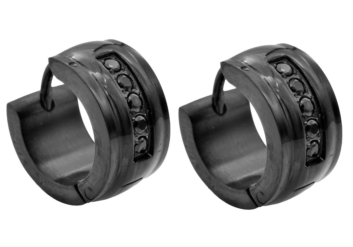 Men's 13mm Black Stainless Steel Hoop Earrings With Cubic Zirconia From Blackjack Jewelry