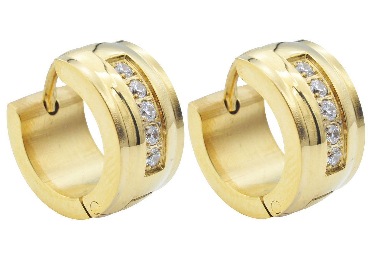 Men's 13mm Gold Stainless Steel Hoop Earrings With Cubic Zirconia From Blackjack Jewelry