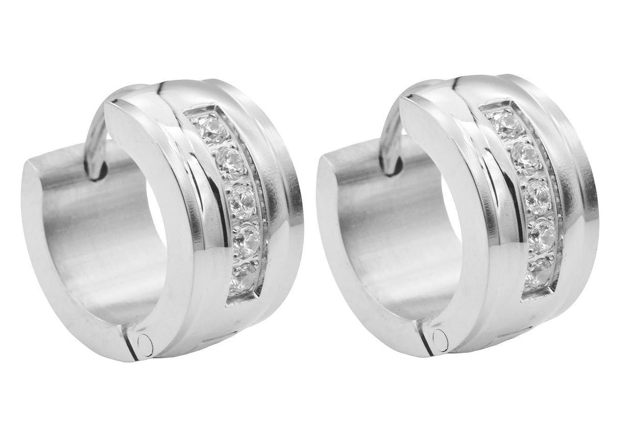 Men's 13mm Stainless Steel Hoop Earrings With Cubic Zirconia From Blackjack Jewelry