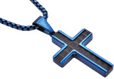 Men's Blue & Black Stainless Steel Cross Pendant With 24" Round Box Chain From Blackjack Jewelry