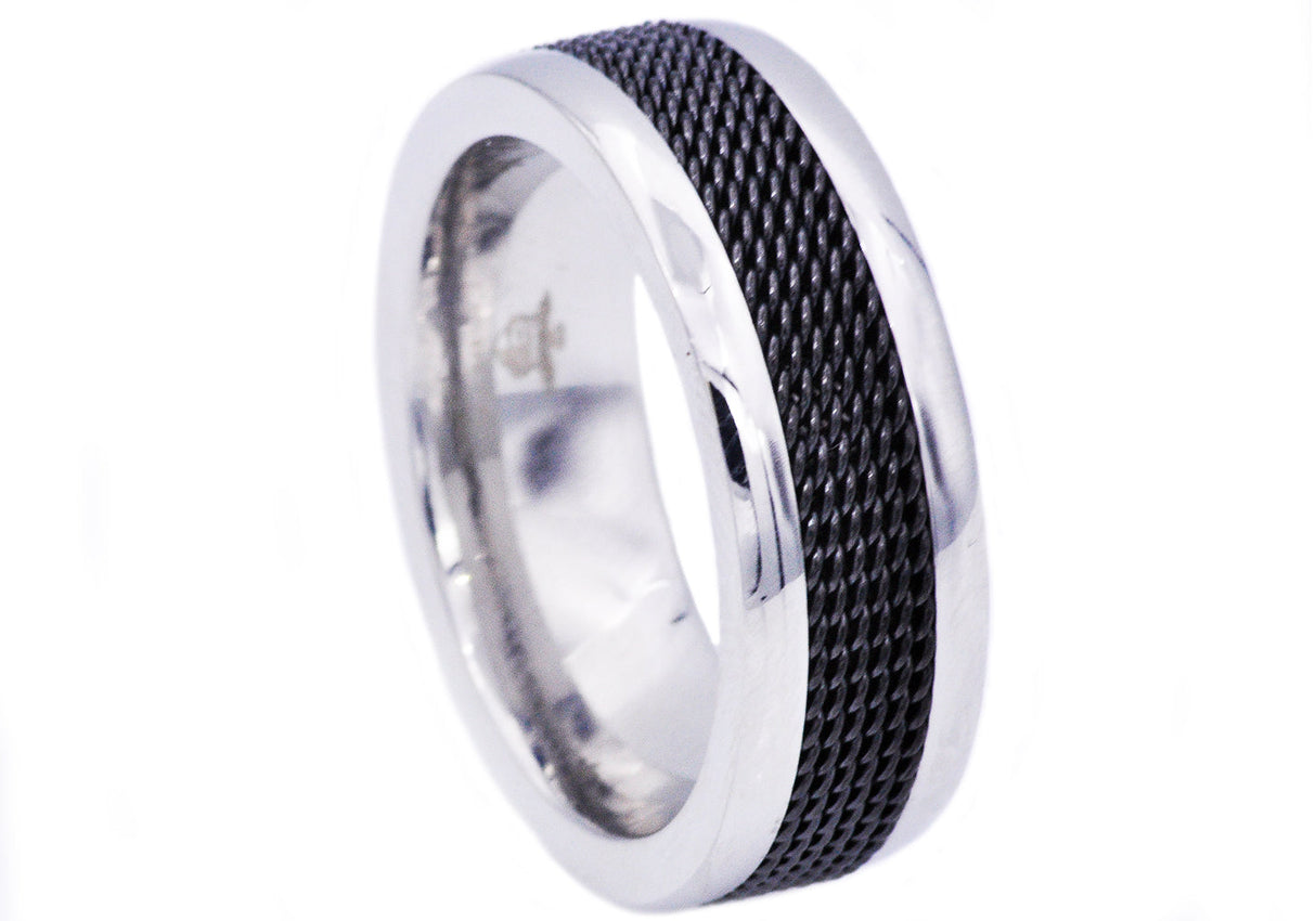 Men's 8mm Polished Stainless Steel Black Cable Inlay Ring From Blackjack Jewelry