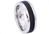 Men's 8mm Polished Stainless Steel Black Cable Inlay Ring From Blackjack Jewelry