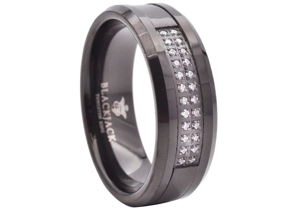Men's Black Tungsten Band Ring With Cubic Zirconia From Blackjack Jewelry