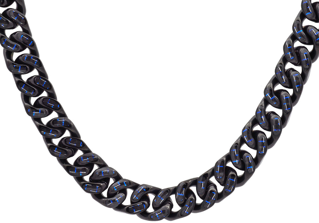 Men's 12mm Black Plated Stainless Steel Cuban Link Chain Necklace With Blue Carbon Fiber From Blackjack Jewelry
