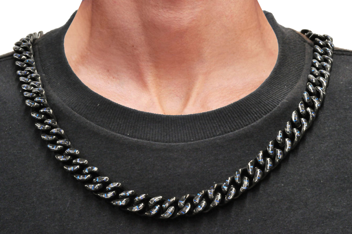 Men's 12mm Black Plated Stainless Steel Cuban Link Chain Necklace With Blue Carbon Fiber From Blackjack Jewelry