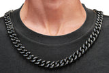 Men's 12mm Black Plated Stainless Steel Cuban Link Chain Necklace With Blue Carbon Fiber From Blackjack Jewelry