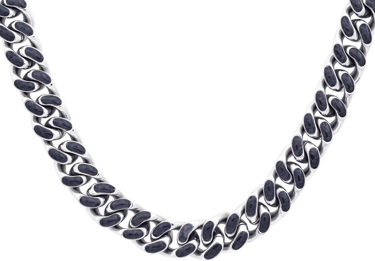Men's 12mm Stainless Steel Cuban Link Chain Necklace With Carbon Fiber From Blackjack Jewelry