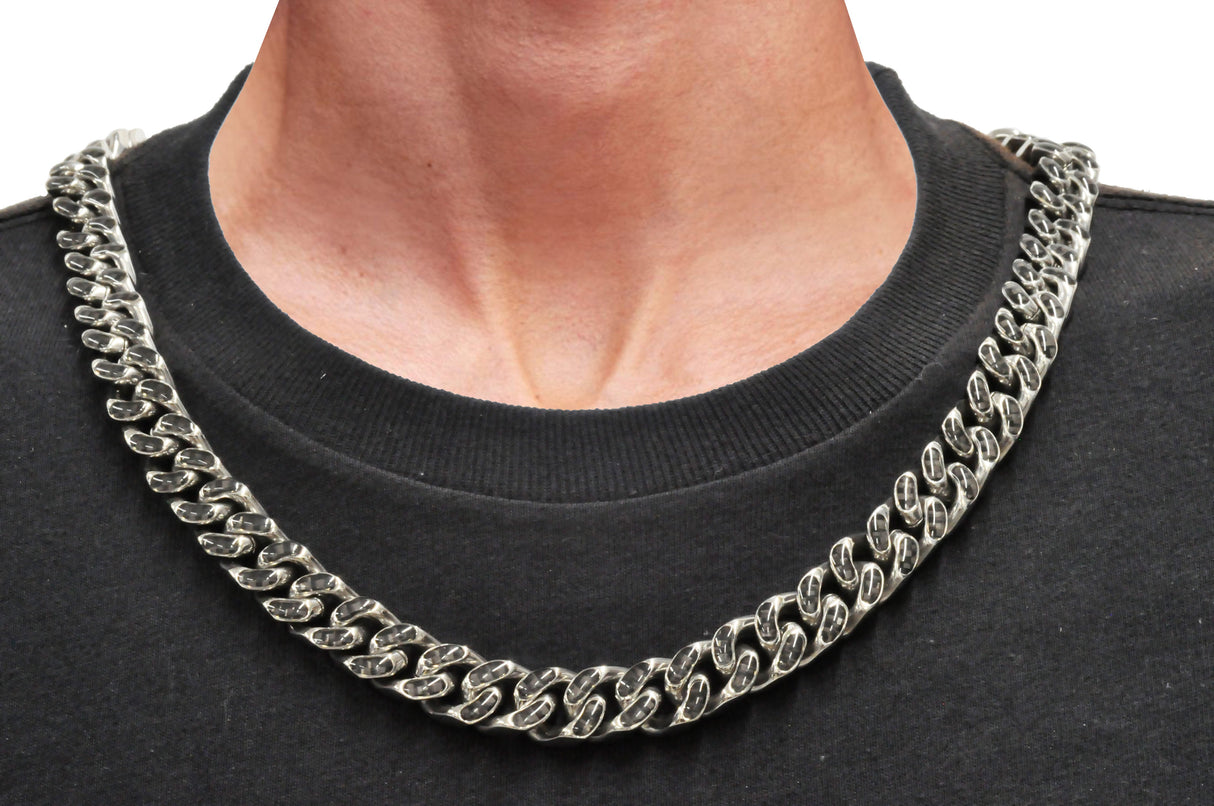 Men's 12mm Stainless Steel Cuban Link Chain Necklace With Carbon Fiber From Blackjack Jewelry
