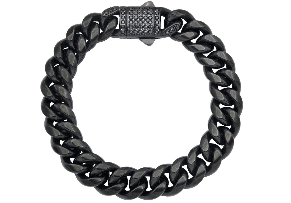 Men's 12mm Black Stainless Steel Miami Cuban Link Chain Bracelet With Black CZ Clasp From Blackjack Jewelry