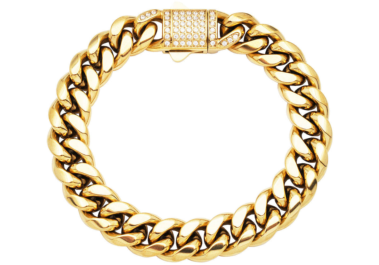 Men's 12mm Gold Stainless Steel Miami Cuban Link Chain Bracelet With CZ Box Clasp From Blackjack Jewelry