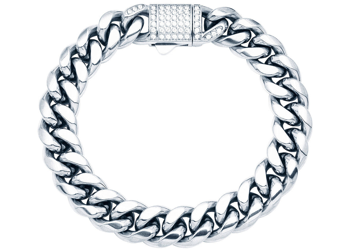 Men's 12mm Stainless Steel Miami Cuban Link Chain Bracelet With CZ Box Clasp From Blackjack Jewelry