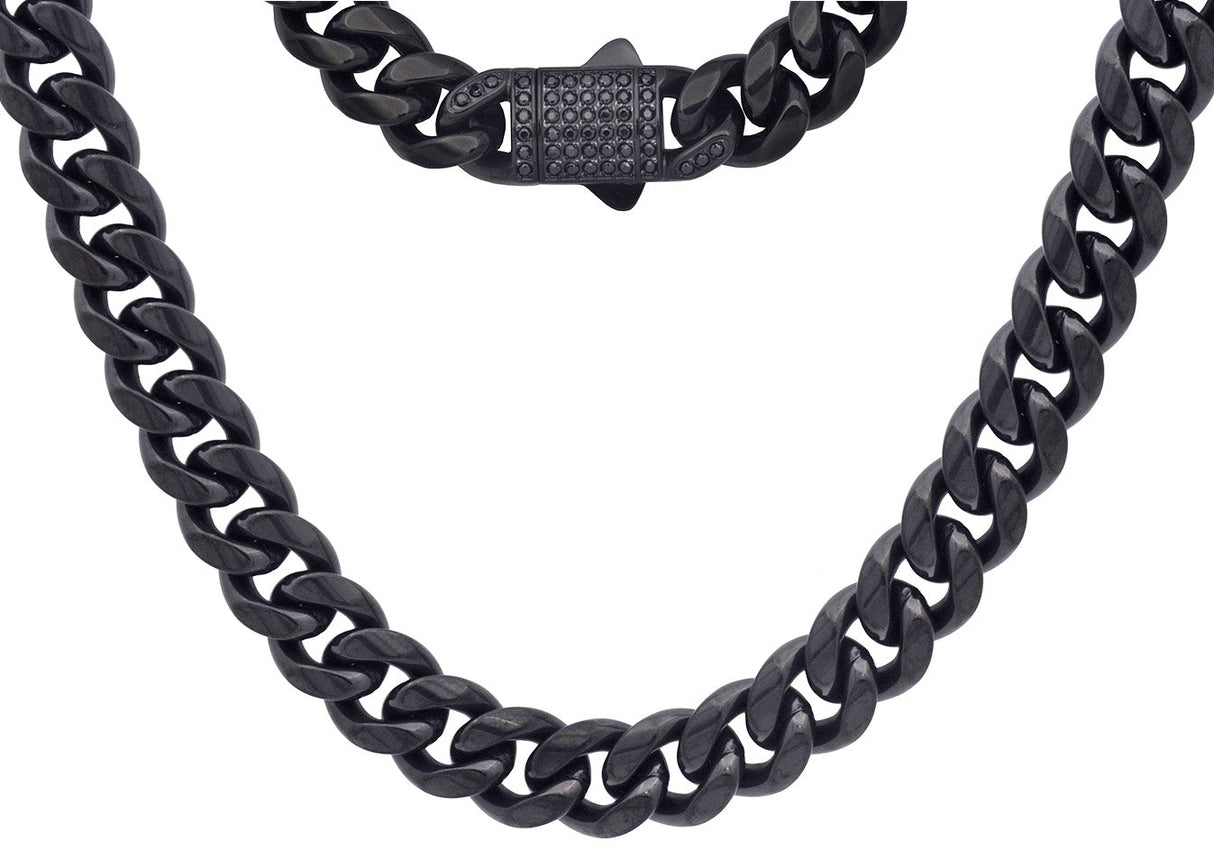 Men's 12mm Black Stainless Steel Miami Cuban Link Chain Necklace With Black CZ Box Clasp From Blackjack Jewelry