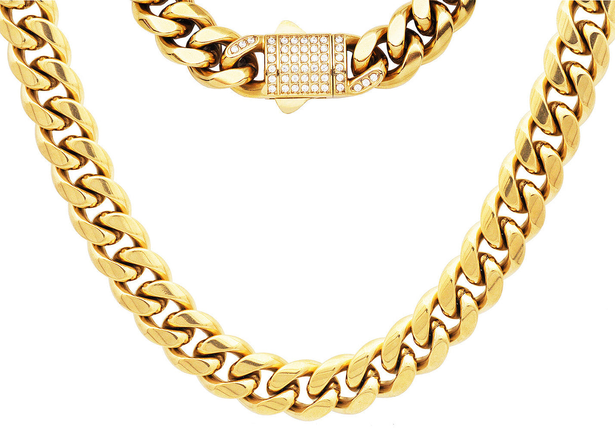 Men's 12mm Gold Stainless Steel Miami Cuban Link Chain Necklace With CZ Box Clasp From Blackjack Jewelry