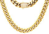 Men's 12mm Gold Stainless Steel Miami Cuban Link Chain Necklace With CZ Box Clasp From Blackjack Jewelry