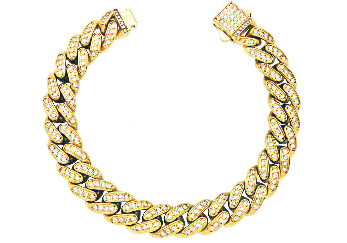 Men's 12mm Gold Stainless Steel Miami Cuban Link Chain Bracelet With Box Clasp and Cubic Zirconia From Blackjack Jewelry