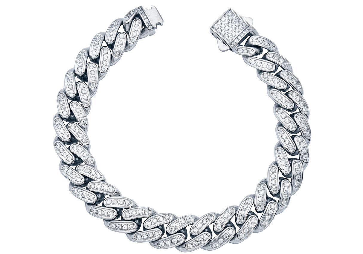 Men's 12mm Stainless Steel Miami Cuban Link Chain Bracelet With Box Clasp and Cubic Zirconia From Blackjack Jewelry