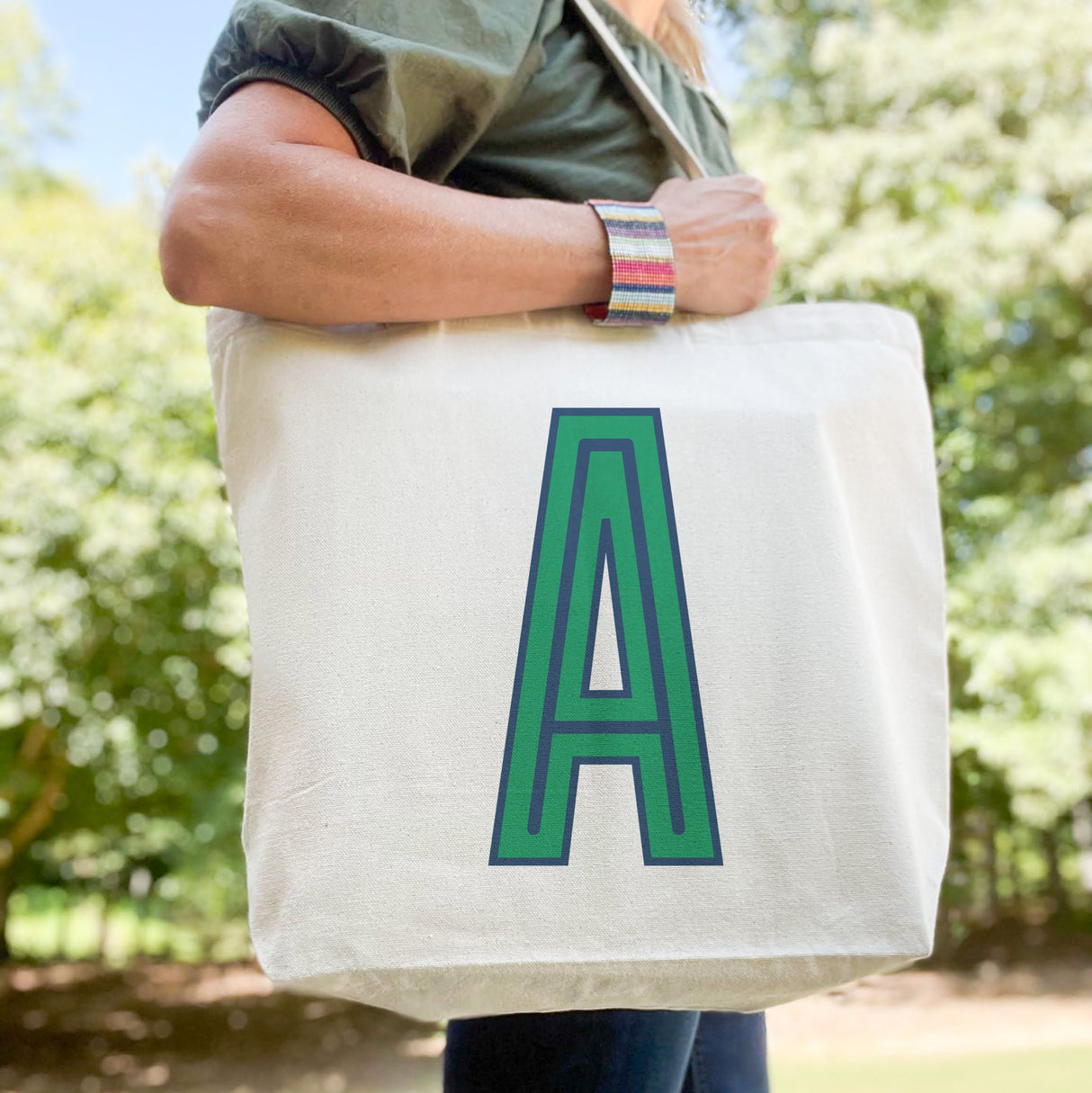 Canvas Tote - Single Initial - Navy Green -  from CB Studio