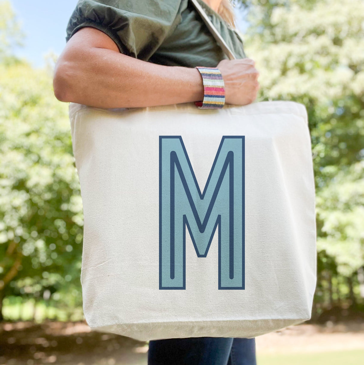 Canvas Tote - Single Initial - Light Blue Navy -  from CB Studio