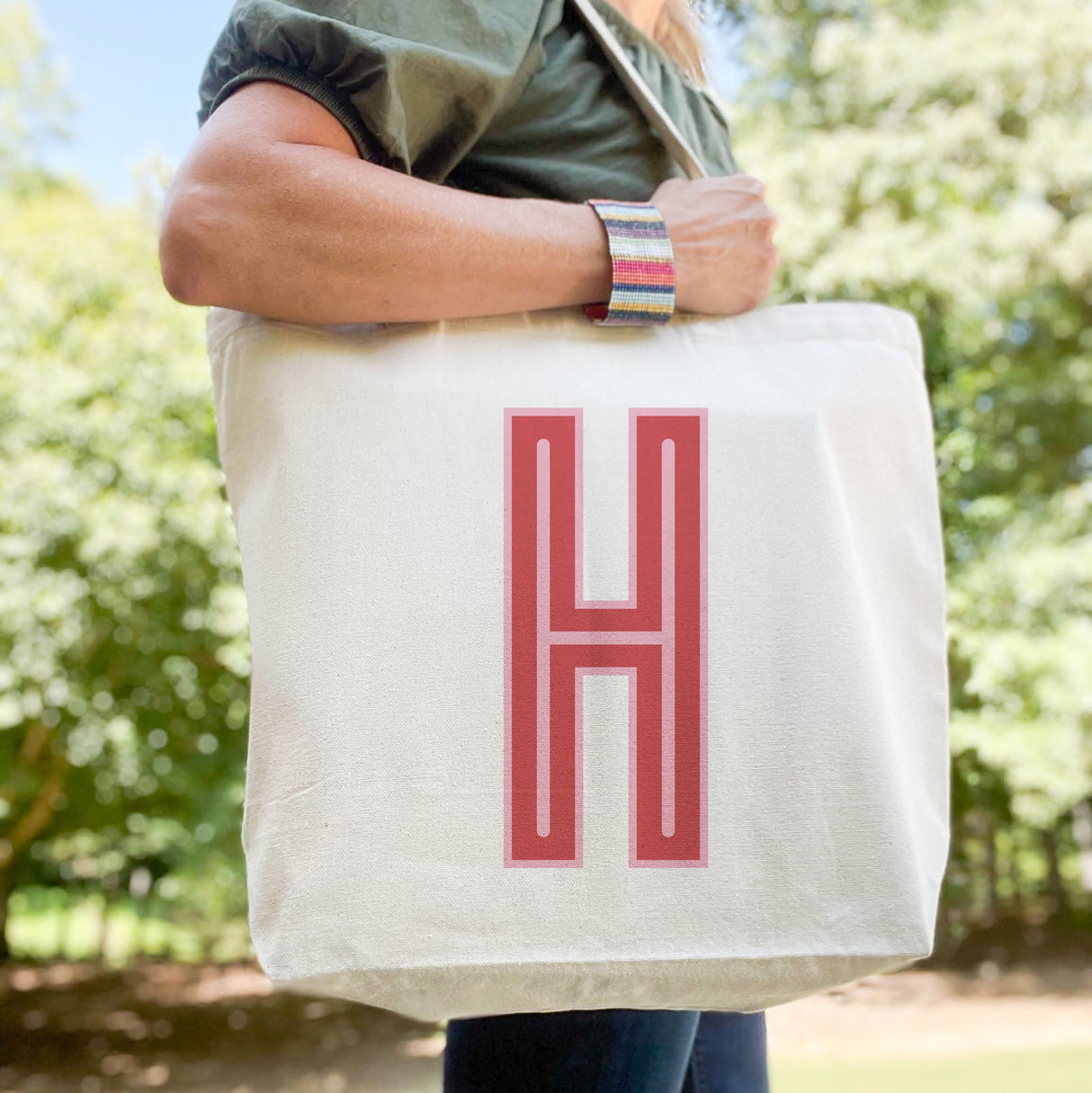 Canvas Tote - Single Initial - Red Pink - from CB Studio