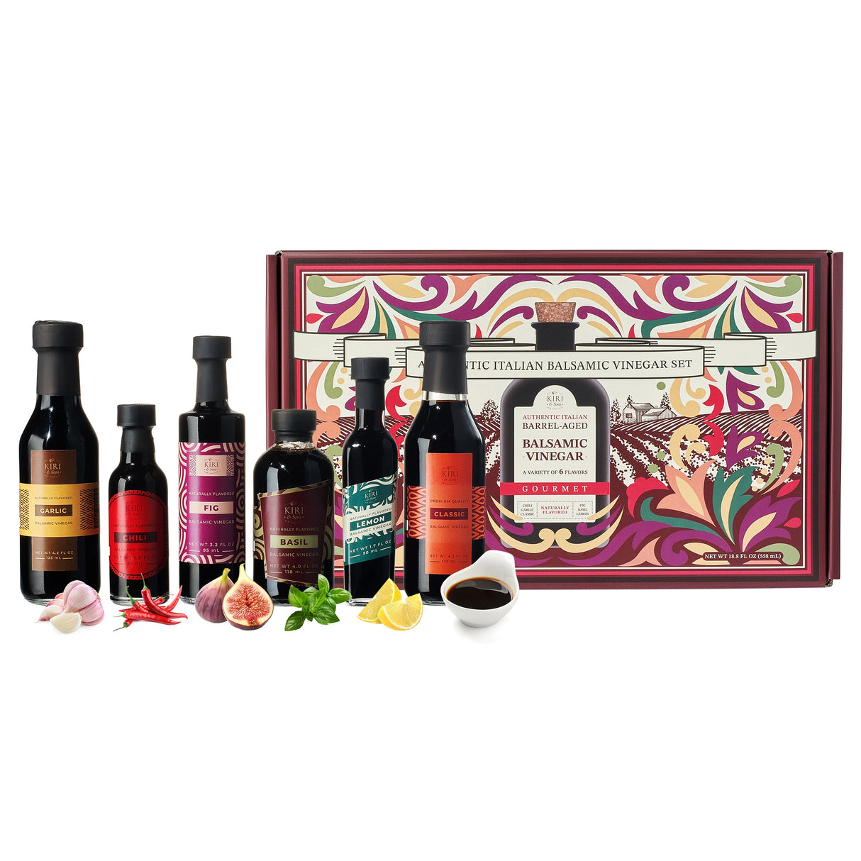 Balsamic Vinegar Gourmet Gift Set of 6 - Premium Made In Italy, Natural Flavors Include Garlic, Chili, Fig, Basil, Lemon & Classic, Italian Crafted Glaze For Cooking from The Wine Savant