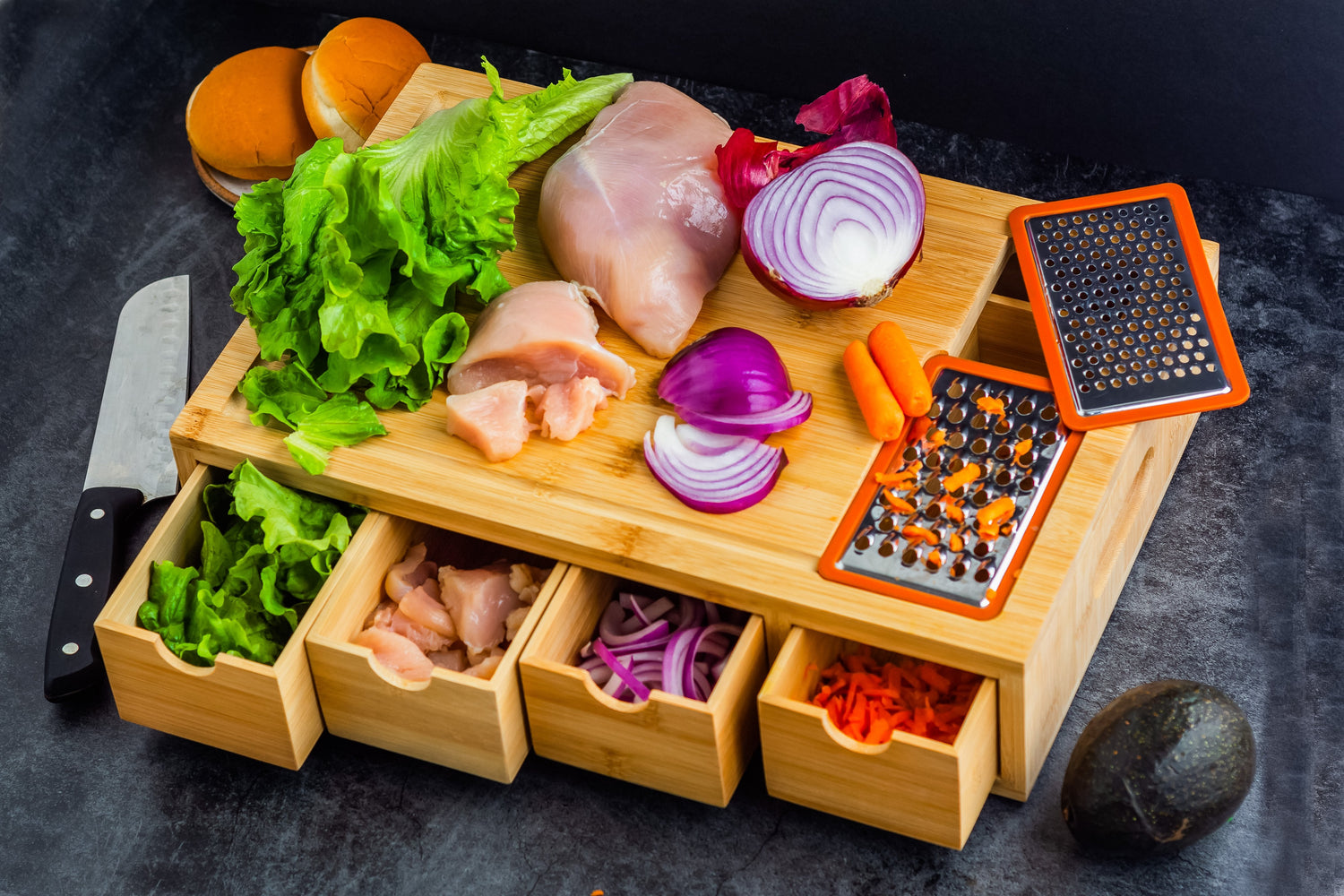 Bamboo Cutting Board with 4 Organizing Trays and 2 Graters from ecozoi