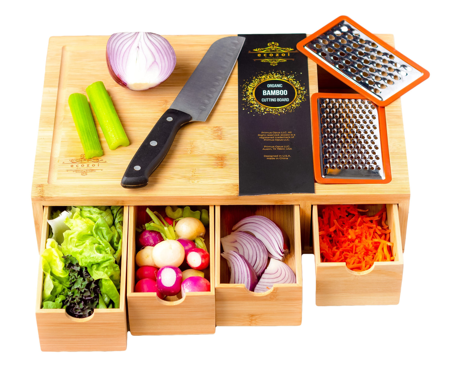 Bamboo Cutting Board with 4 Organizing Trays and 2 Graters from ecozoi