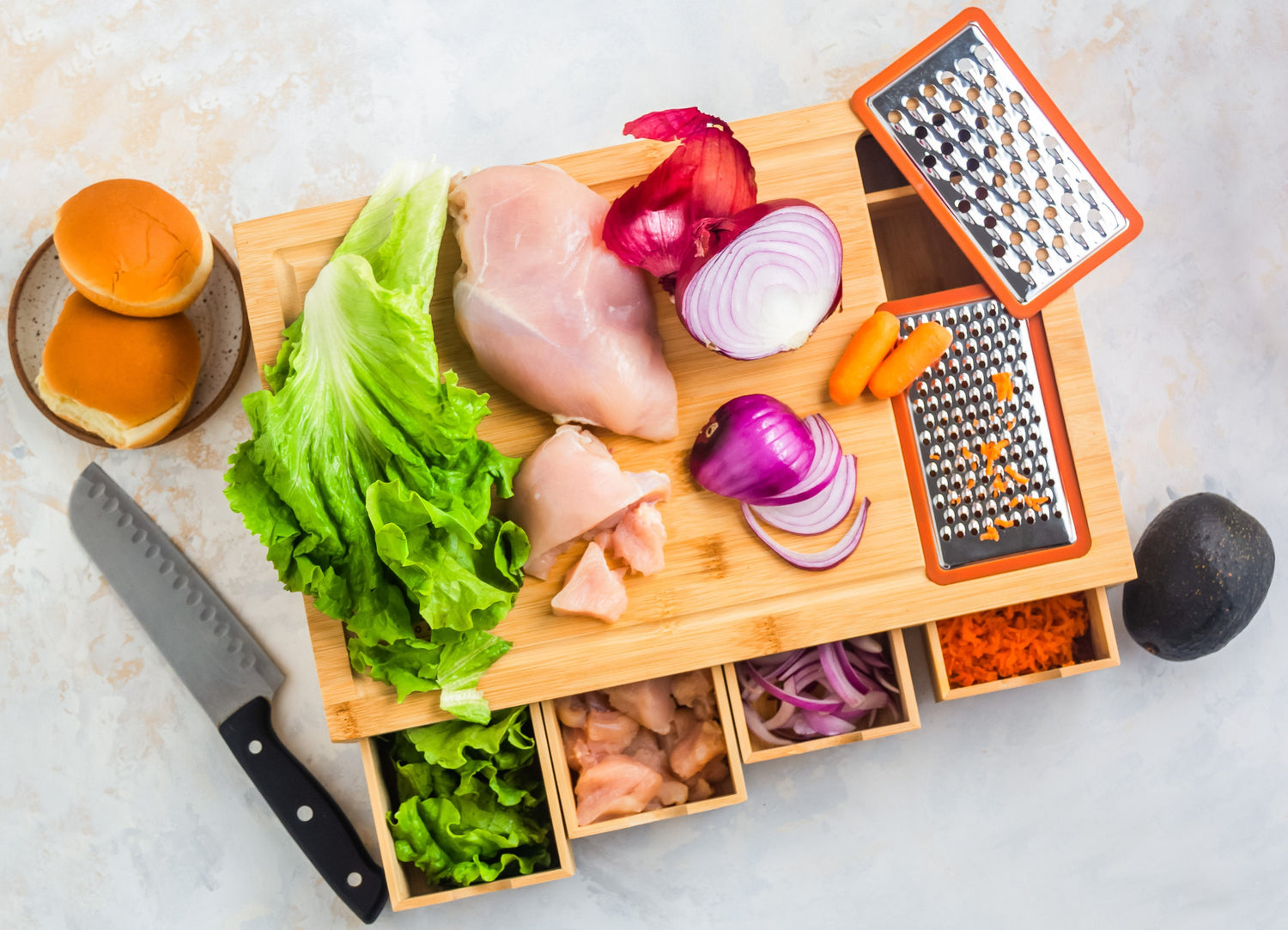 Bamboo Cutting Board with 4 Organizing Trays and 2 Graters from ecozoi