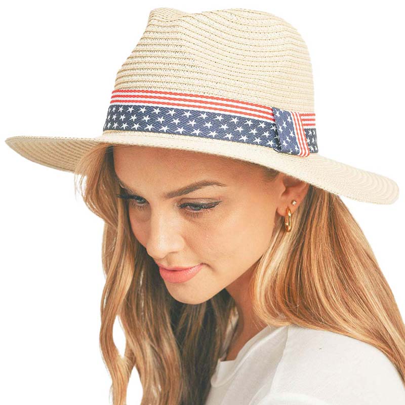 American USA Flag Band Panama Straw Sun Hat from Madeline Love