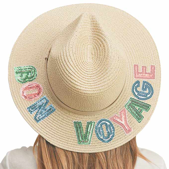 Bon Voyage Sequin Message Straw Panama Sun Hat from Madeline Love