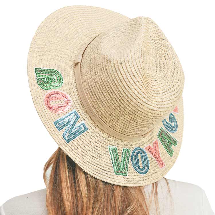 Bon Voyage Sequin Message Straw Panama Sun Hat from Madeline Love