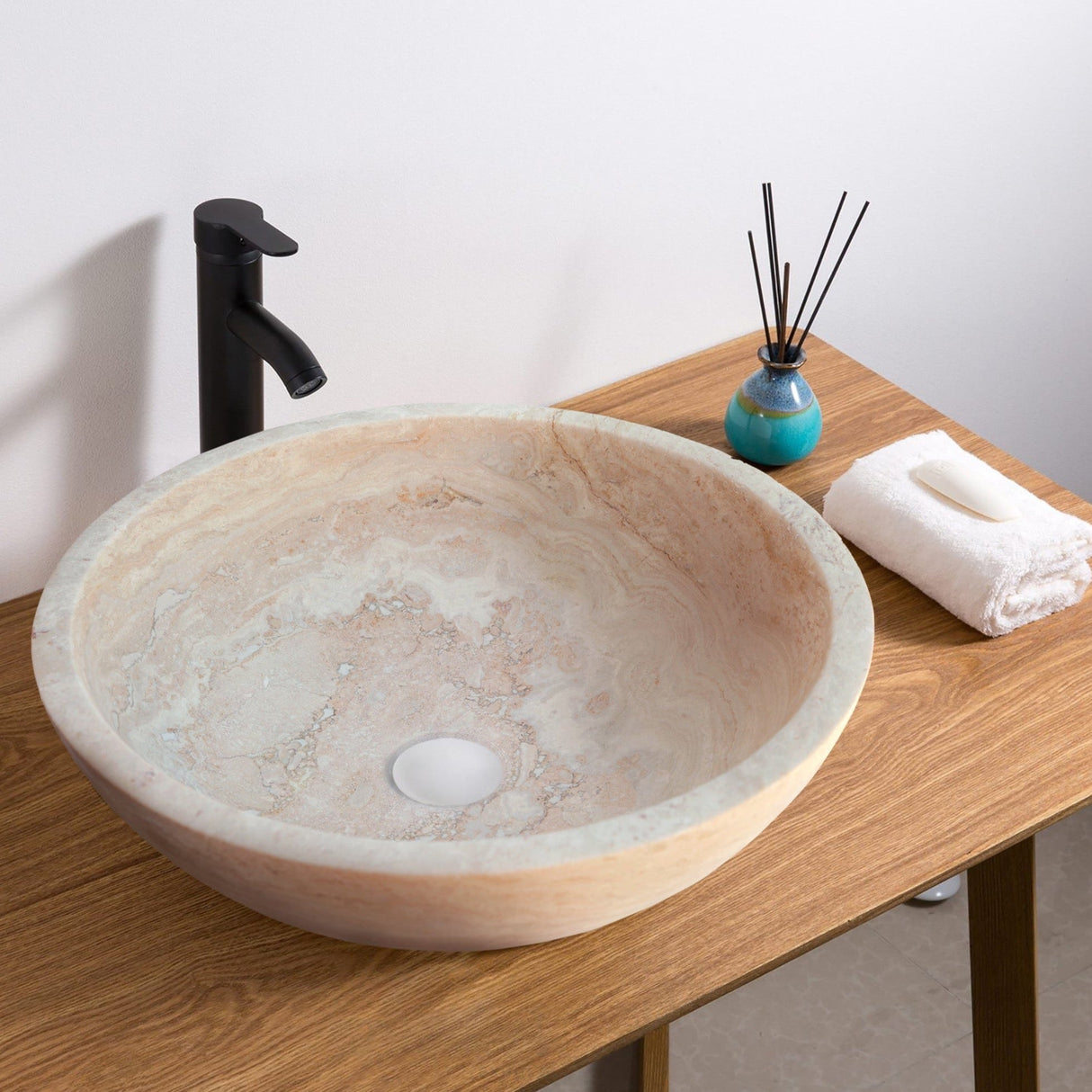 Beige Travertine Above Vanity Bathroom Vessel Sink Honed and Filled (D)18" (H)6" From Villohome