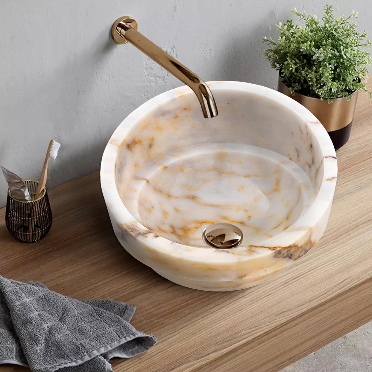 Bianco Giallo Marble Hair Salon Above Vanity Vessel Sink Bowl Polished (D)16" (H)9" From Villohome