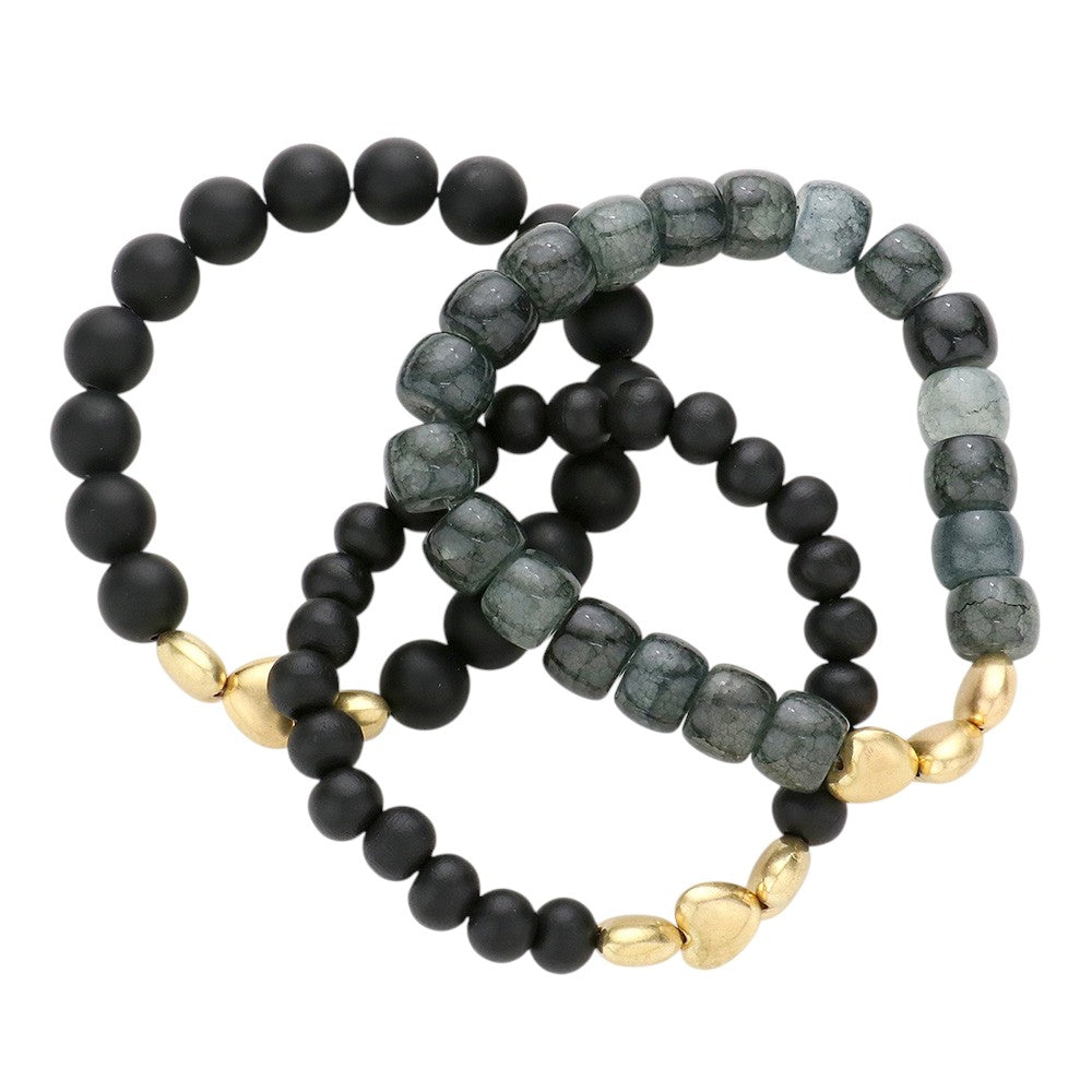 3PCS - Heart Pointed Natural Stone Wood Ball Stretch Bracelets from Madeline Love