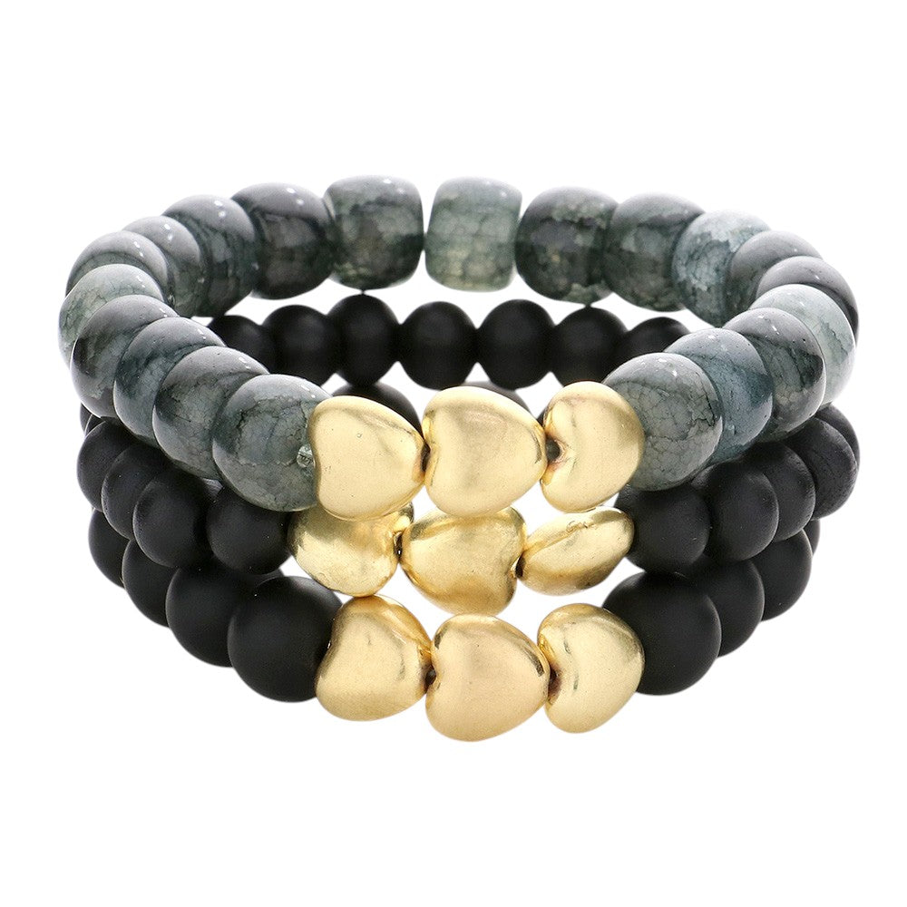 3PCS - Heart Pointed Natural Stone Wood Ball Stretch Bracelets from Madeline Love