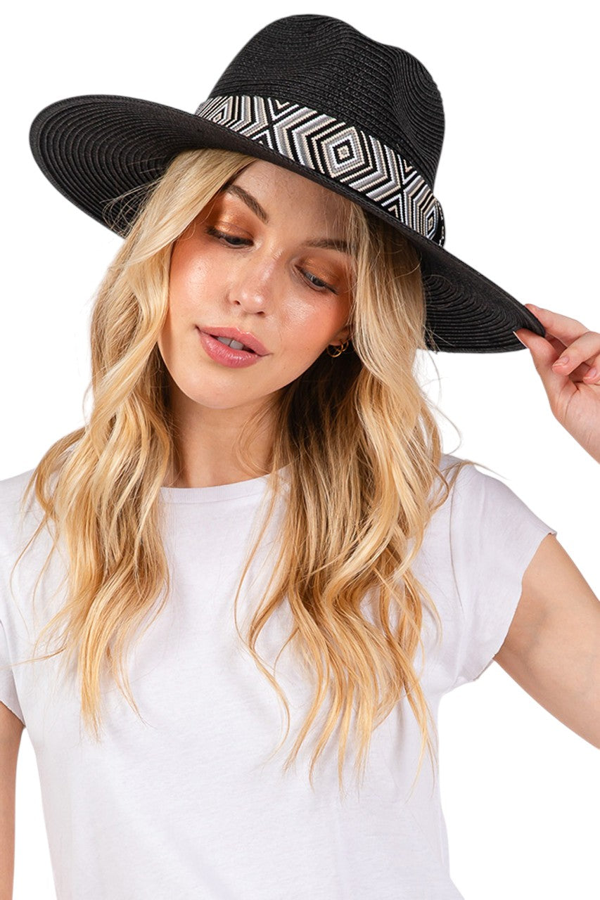 Aztec Tribal Pattern Band Straw Summer Sun Hat from Madeline Love