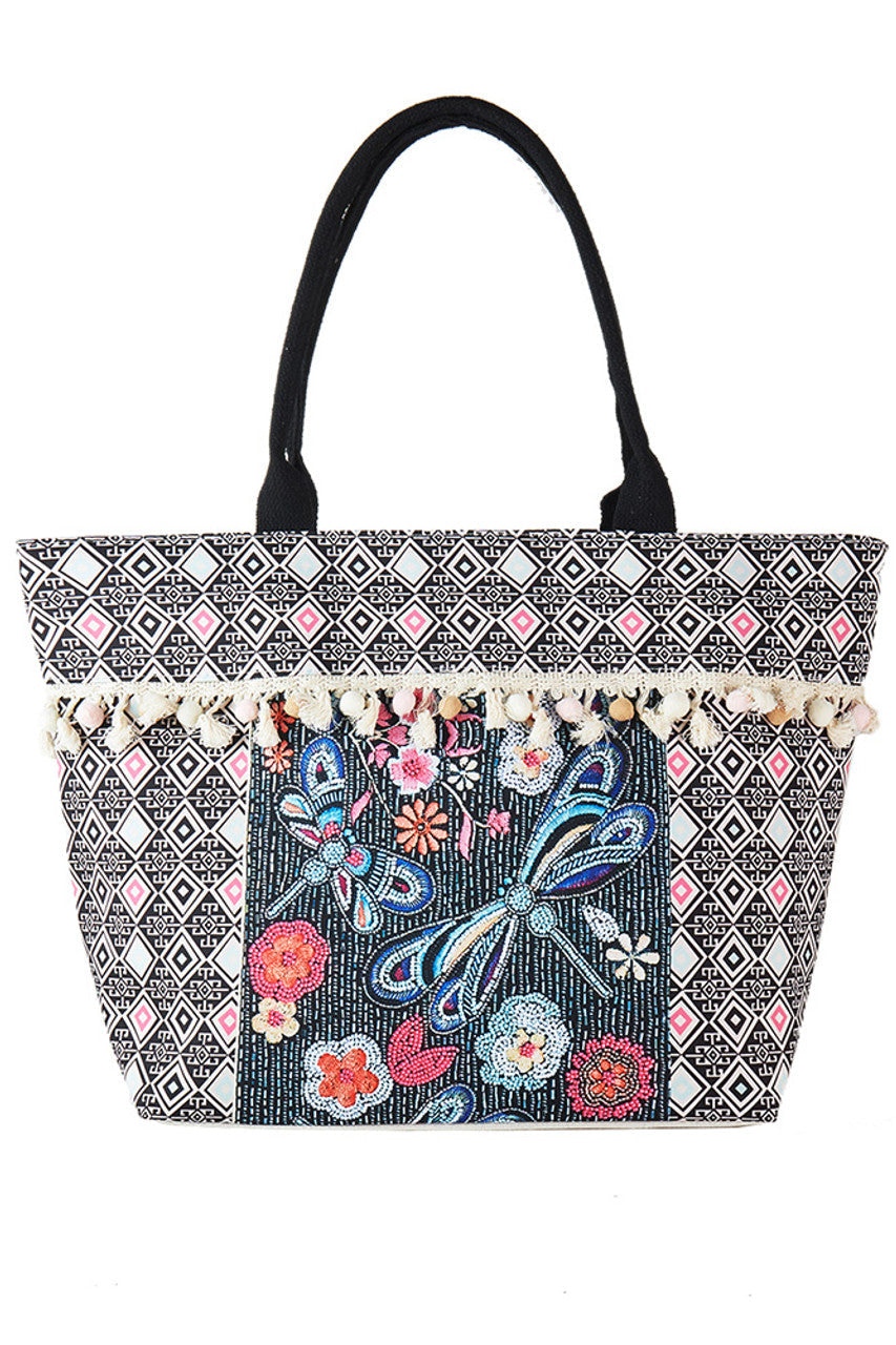 Boho and Dragonfly Print Tassel Summer Tote Bag  from Madeline Love