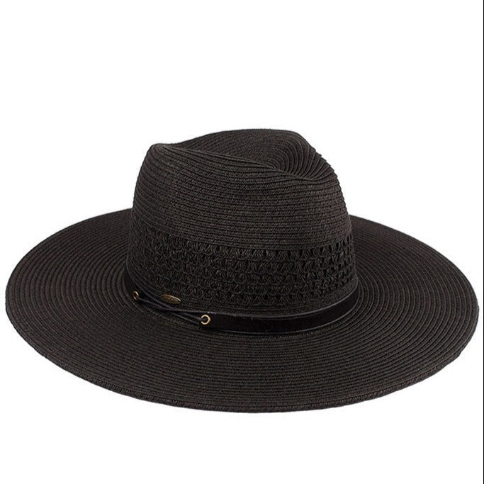 C.C Faux Leather String Paper Straw Panama Hat from Madeline Love