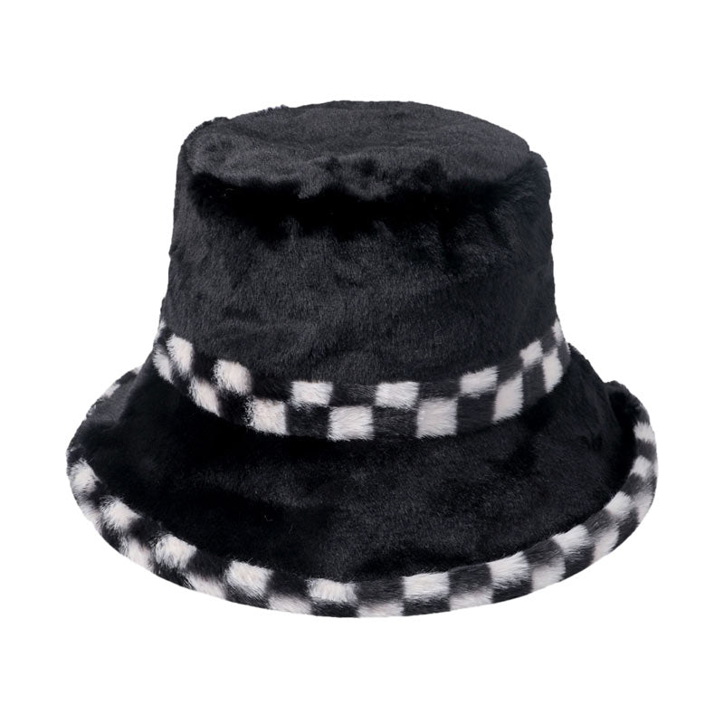 Check Pattern Detailed Faux Fur Bucket Hat from Madeline Love