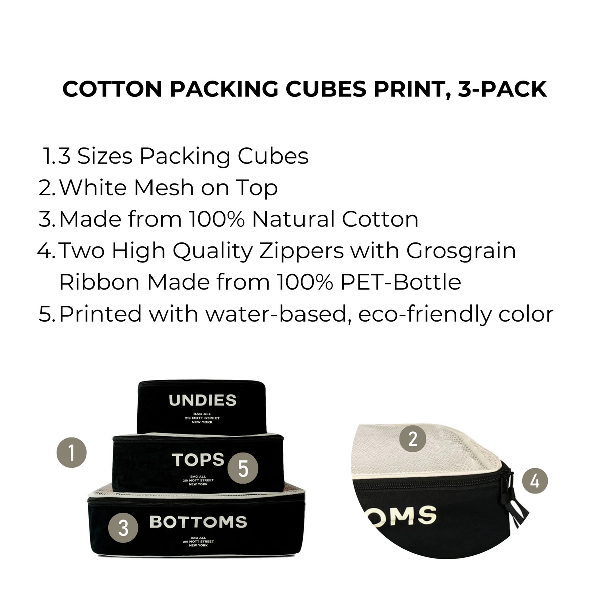 Cotton Packing Cubes, Print, 3-pack Black From Bag-all