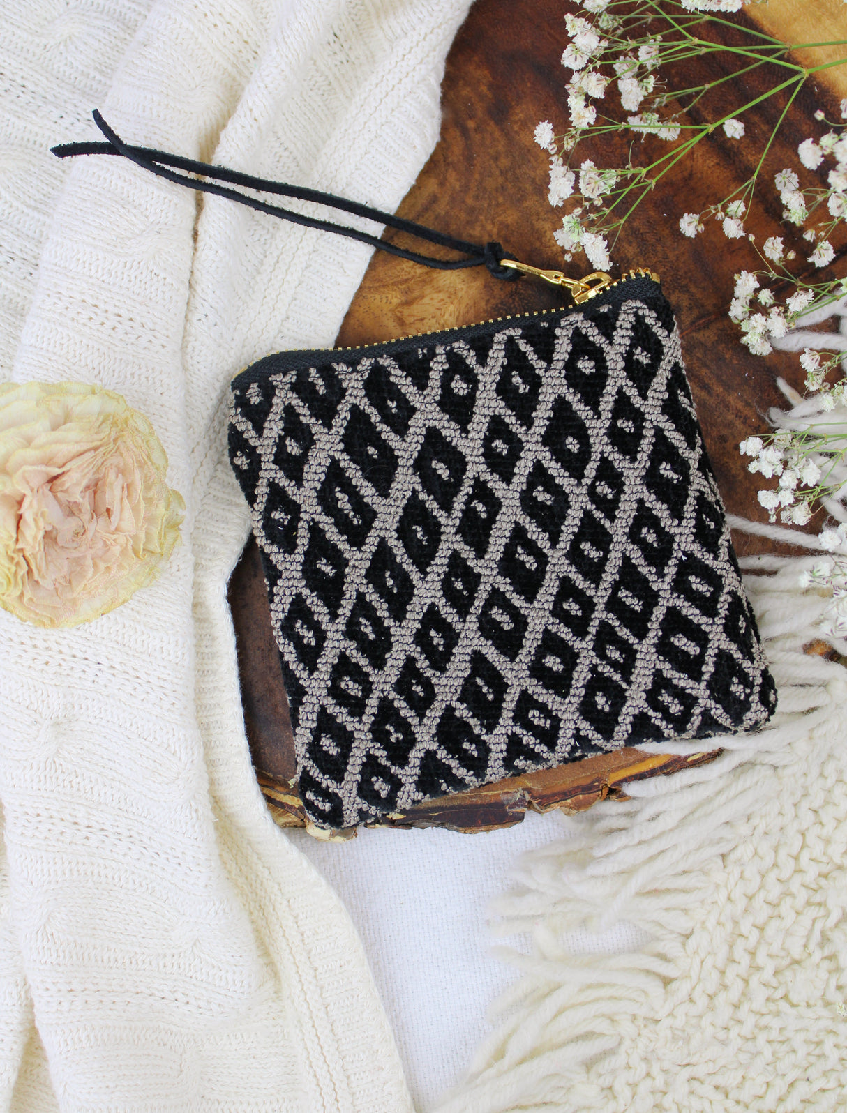 Black Diamond Needlepoint Square Pouch from Ash & Rose