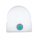White Knit Beanie w/ Green & Teal Circle Logo from Talon Golf LLC