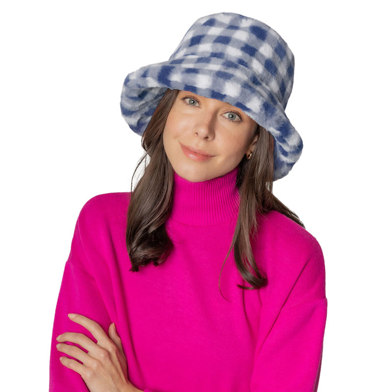 Checkered Faux Fur Bucket Hat from Madeline Love