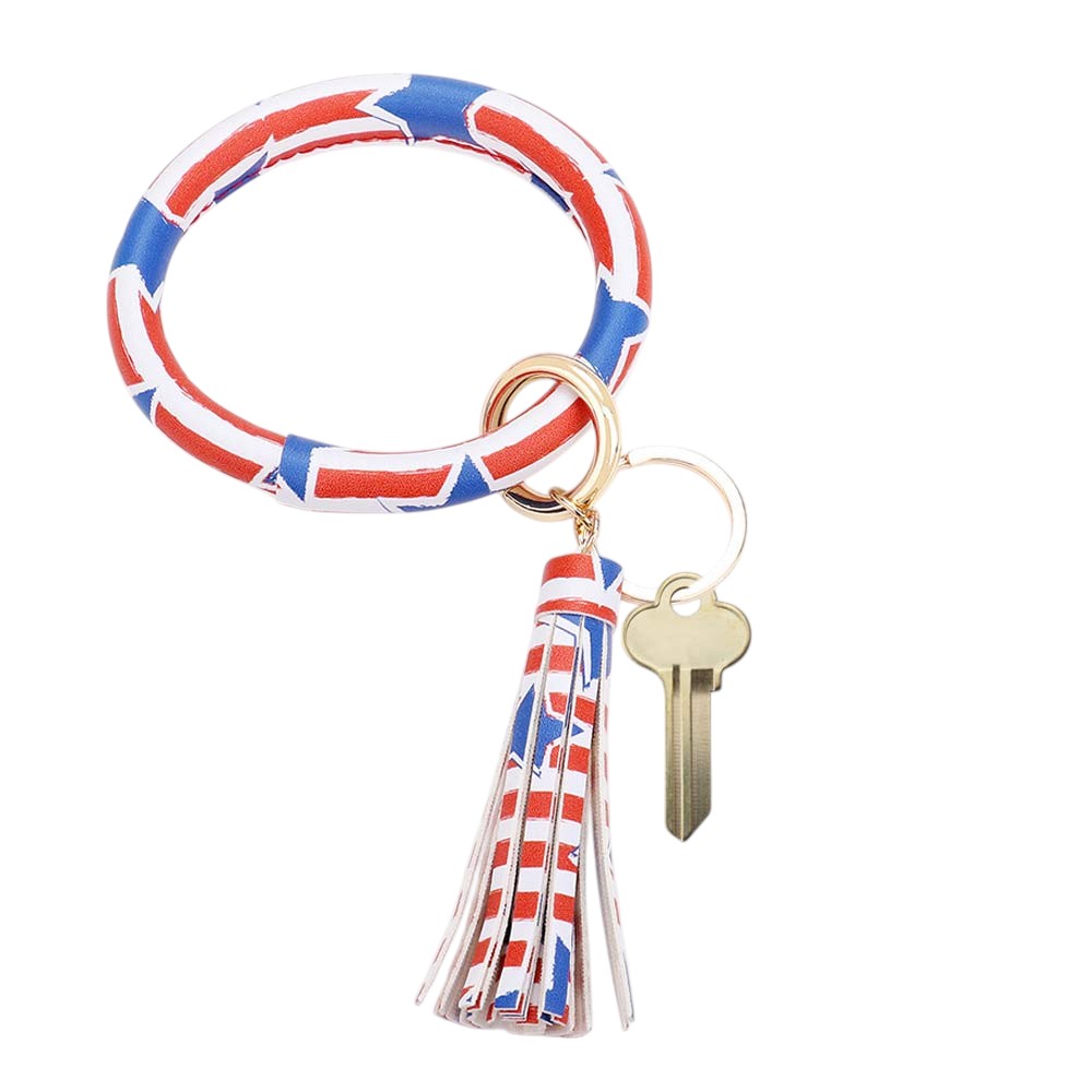 Patriotic USA Flag Faux Leather Tassel Keychain Bracelet from Madeline Love