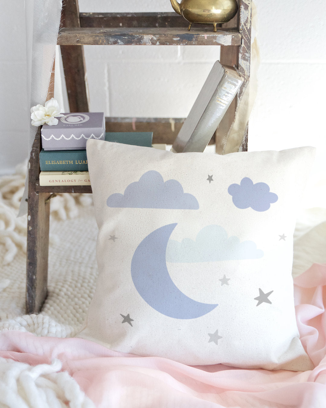 Blue Clouds and Moon  Cotton Canvas Baby Pillow Cover from The Cotton & Canvas Co.