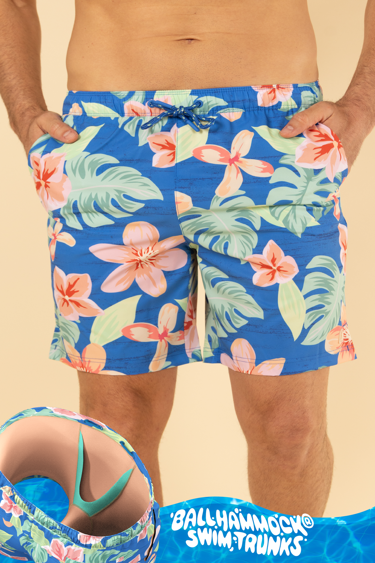 The Boardwalk | Blue and Orange Tropical Ball Hammock® Pouch 8" Swim Trunks from Shinesty