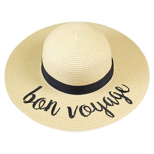 "Bon Voyage" Embroidery Straw Floppy Sun Hat from Madeline Love
